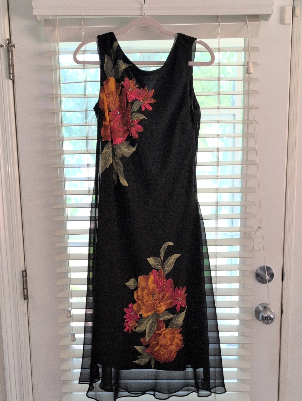 dressbarn Black Maxi Dress with Orange and Pink Floral Print